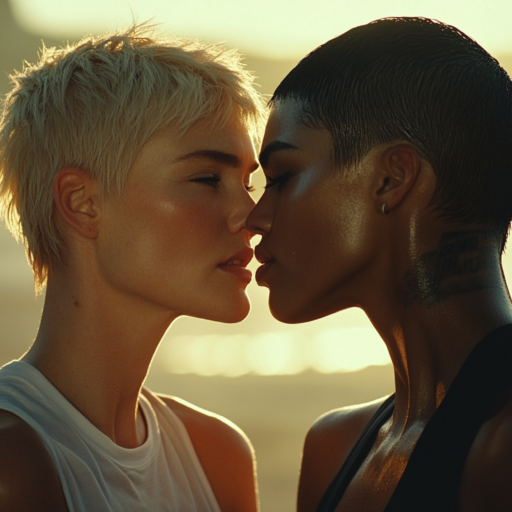 Two women sharing an intimate moment at sunset, one with platinum blonde hair and the other with sleek dark hair and a neck tattoo.